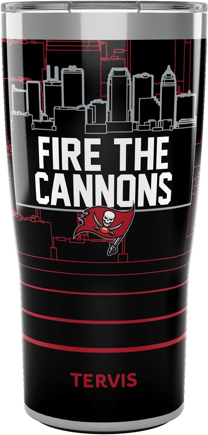 Tervis Traveler NFL Tampa Bay Buccaneers – Fire The Cannons Slogan Triple Walled Insulated Tumbler Travel Cup Keeps Drinks Cold & Hot, 20oz, Stainless Steel